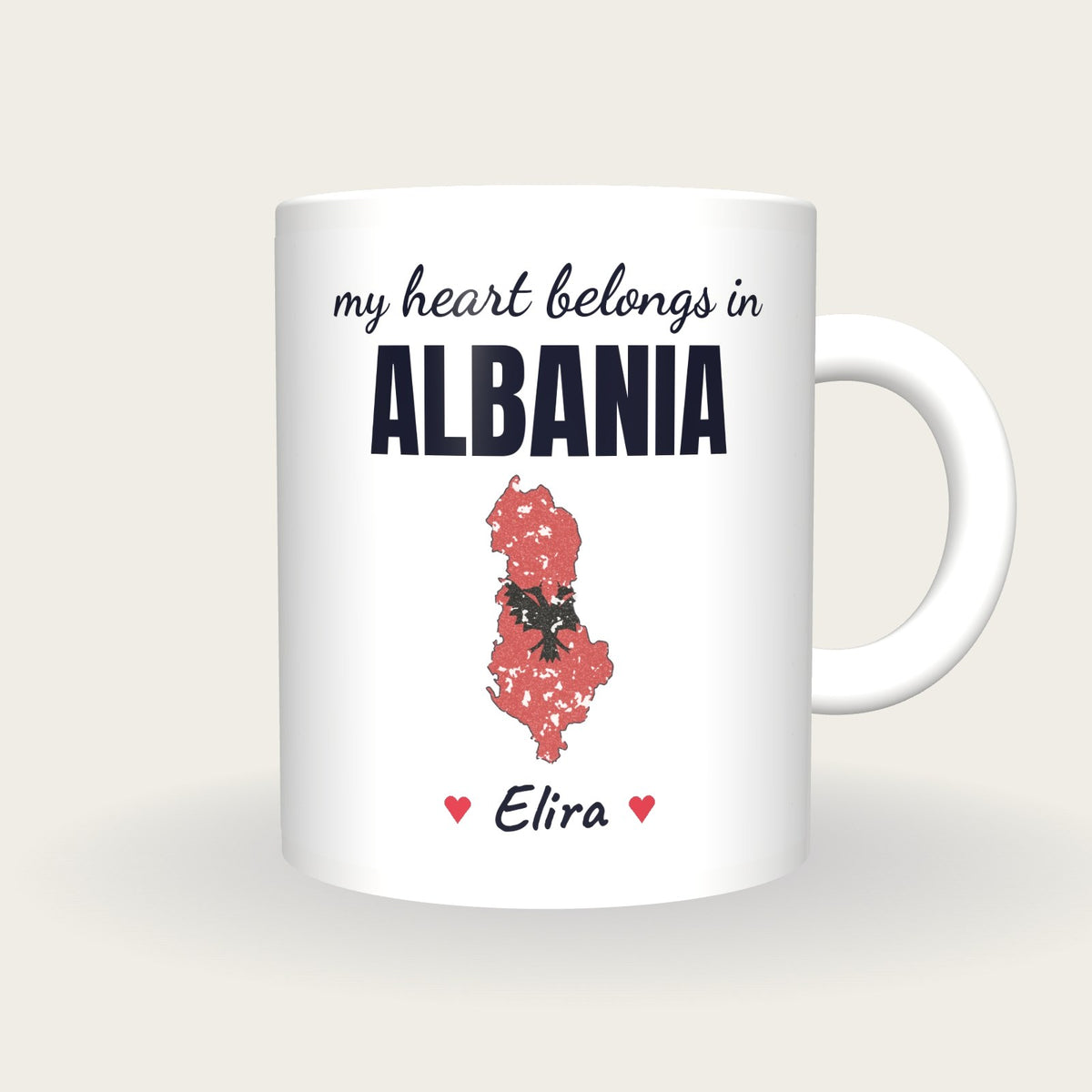 Personalised Albania Map Mug, My Heart Belongs In Albania, front