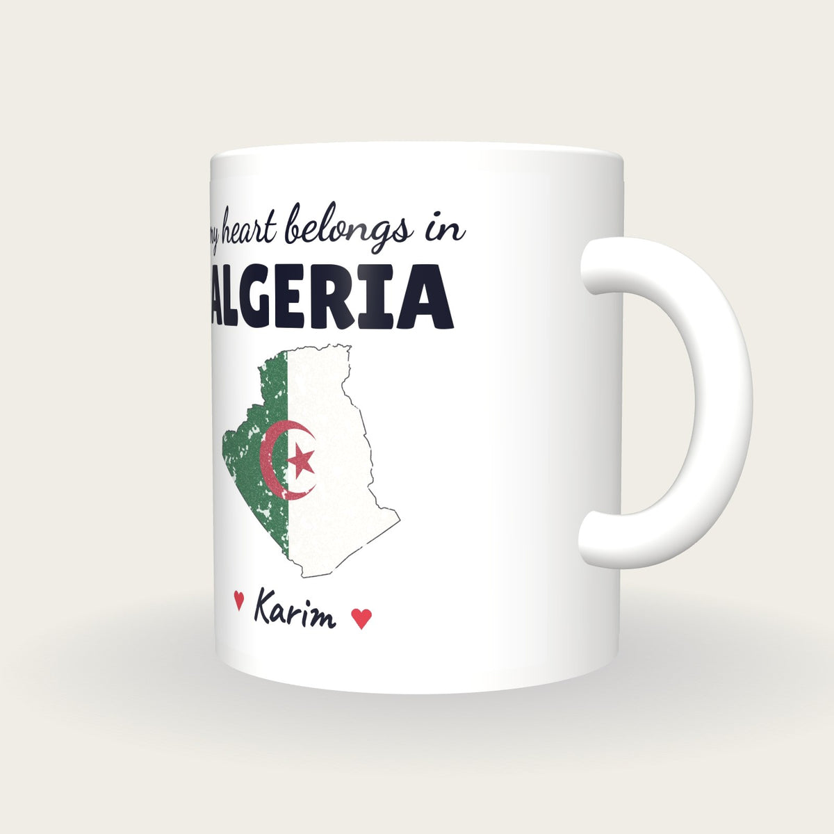 Personalised Algeria Map Mug, My Heart Belongs In Algeria, three-quarter view