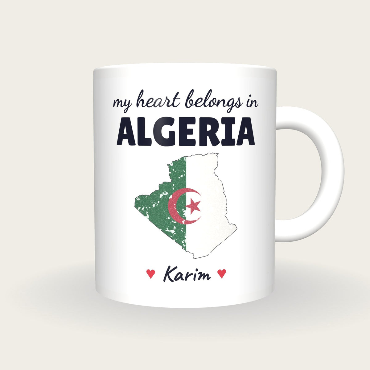 Personalised Algeria Map Mug, My Heart Belongs In Algeria, front