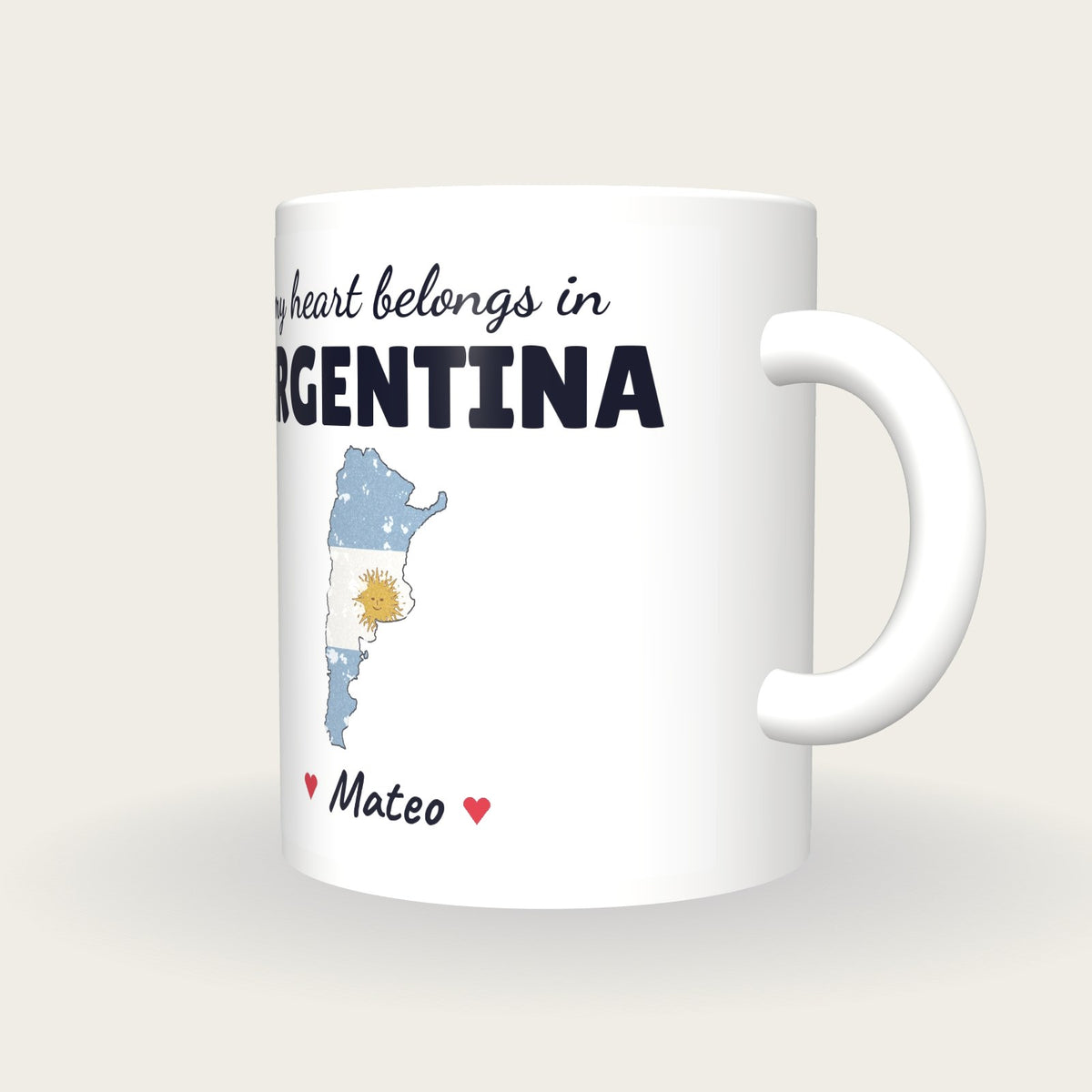 Personalised Argentina Map Mug, My Heart Belongs In Argentina, three-quarter view