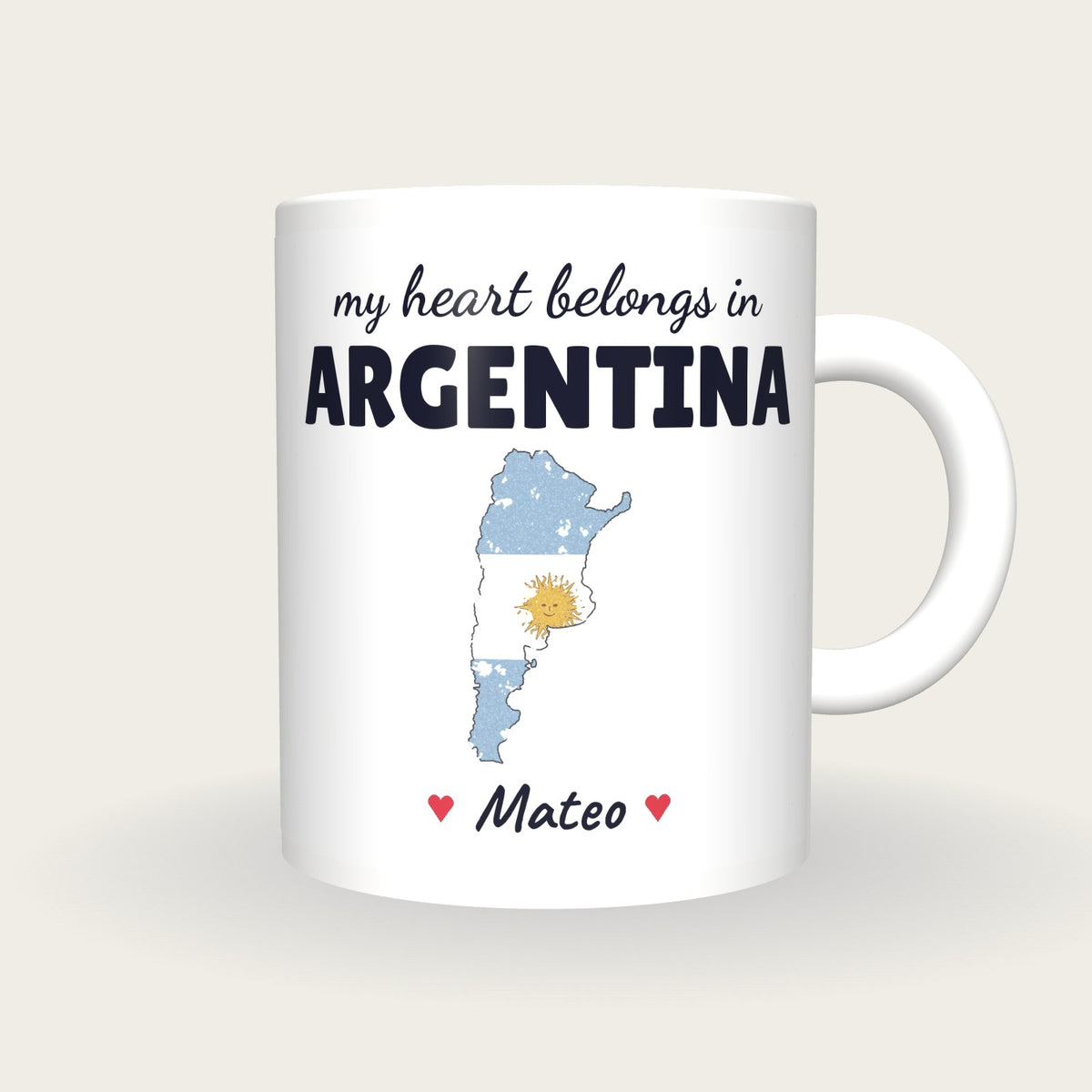 Personalised Argentina Map Mug, My Heart Belongs In Argentina, front
