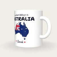Personalised Australia Map Mug, My Heart Belongs In Australia, three-quarter view