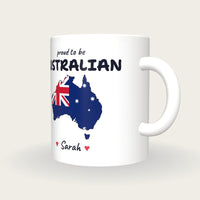 Personalised Australia Map Mug, Proud To Be Australian, three-quarter view