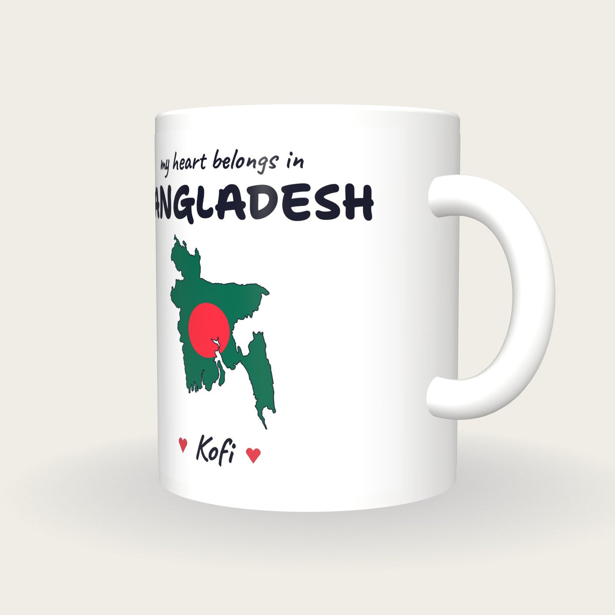 Personalised Bangladesh Map Mug, My Heart Belongs In Bangladesh, three-quarter view