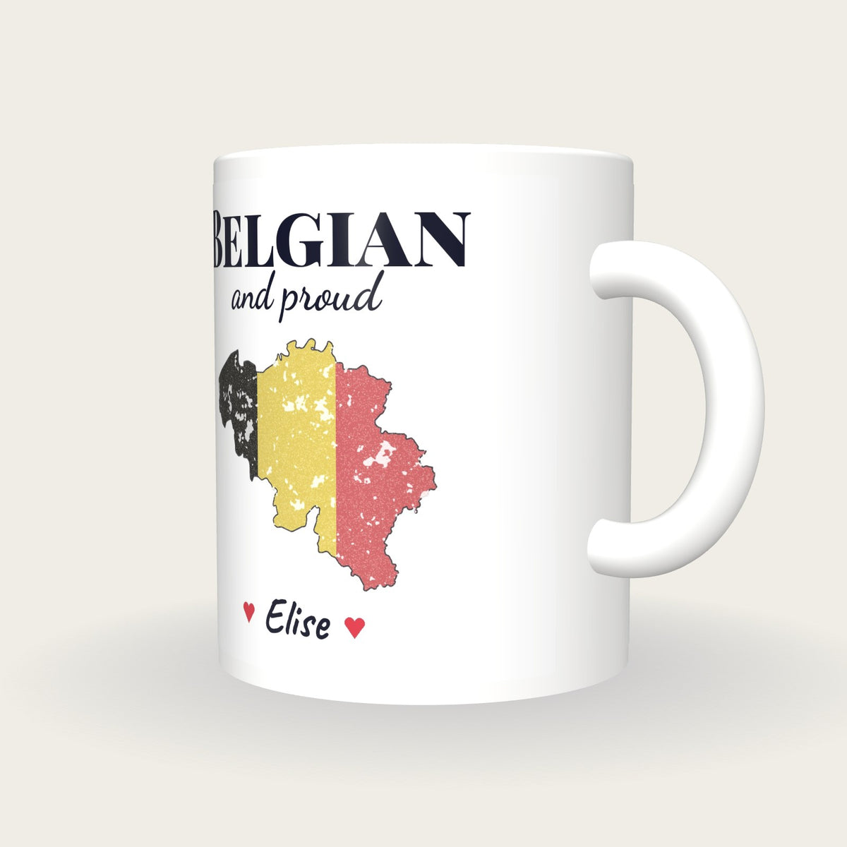 Personalised Belgium Map Mug, Belgian And Proud, three-quarter view