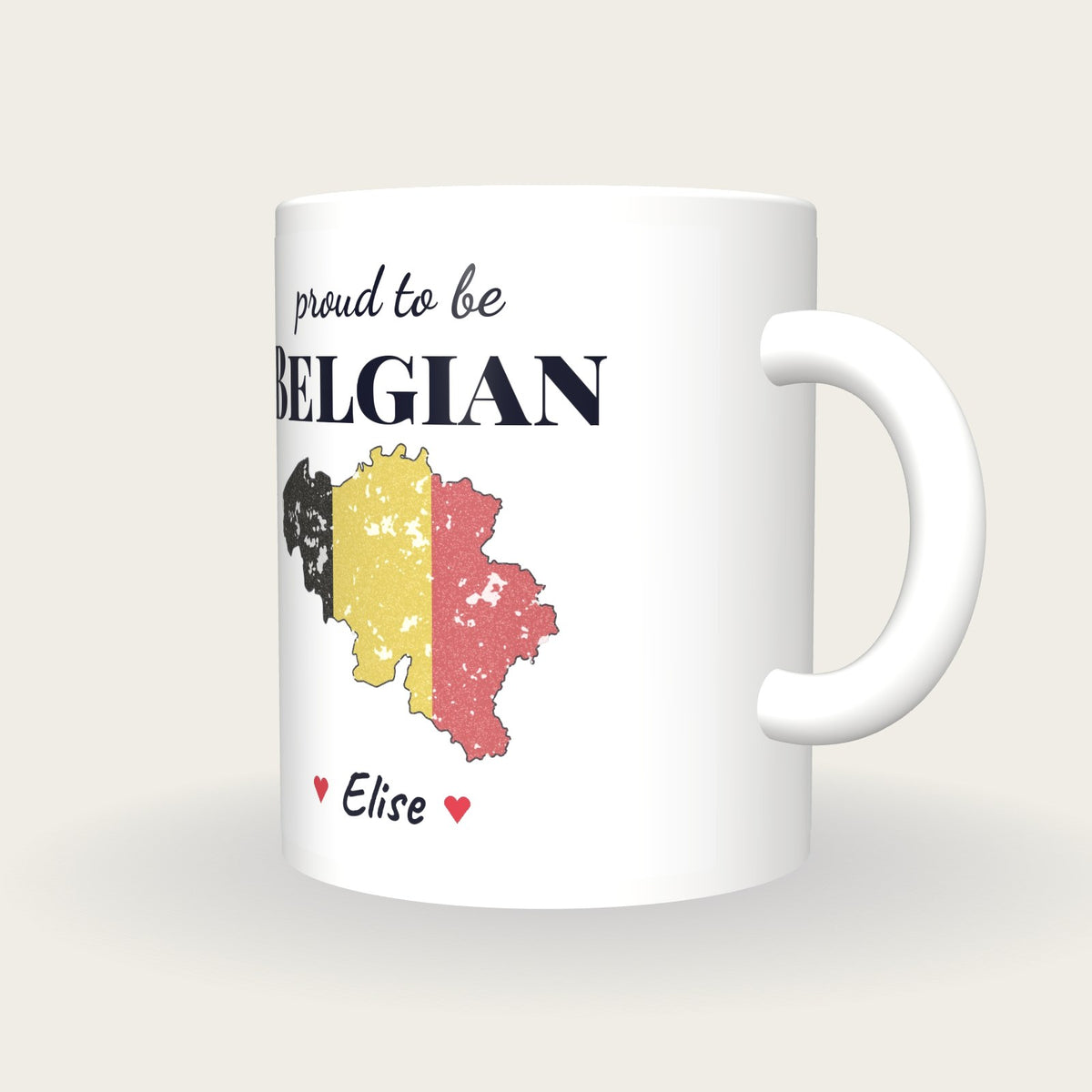 Personalised Belgium Map Mug, Proud To Be Belgian, three-quarter view