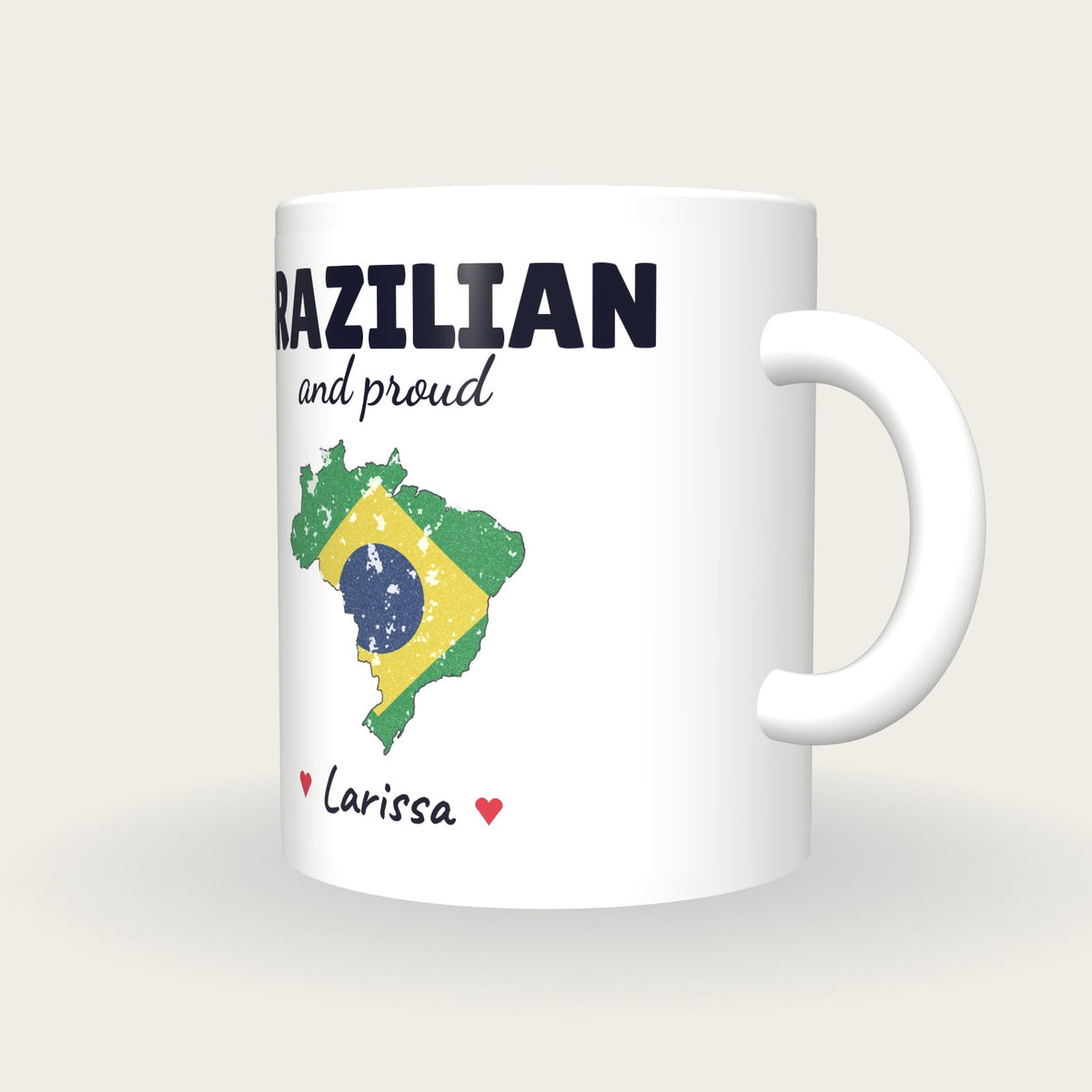 Personalised Brazil Map Mug, Brazilian And Proud, three-quarter view