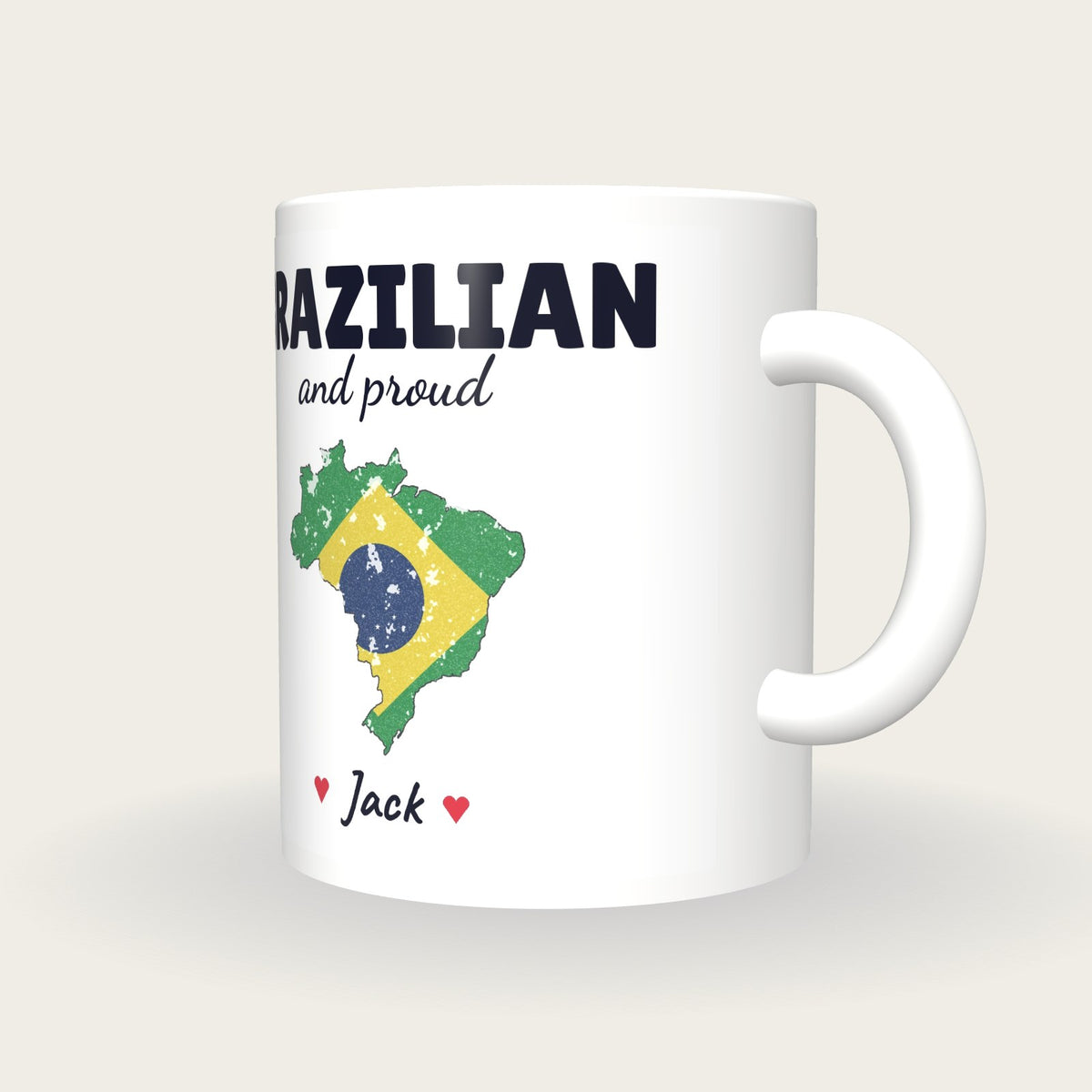 Personalised Brazil Map Mug, Brazilian And Proud, three-quarter view