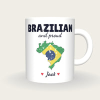 Personalised Brazil Map Mug, Brazilian And Proud, front