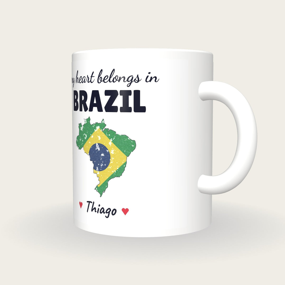 Personalised Brazil Map Mug, My Heart Belongs In Brazil, three-quarter view