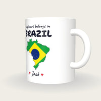 Personalised Brazil Map Mug, My Heart Belongs In Brazil, three-quarter view