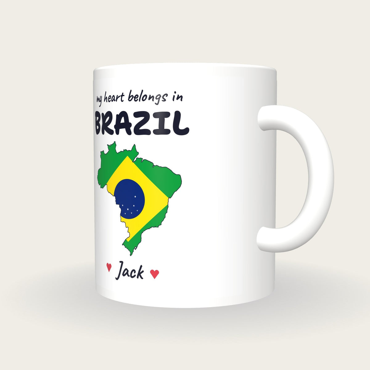 Personalised Brazil Map Mug, My Heart Belongs In Brazil, three-quarter view