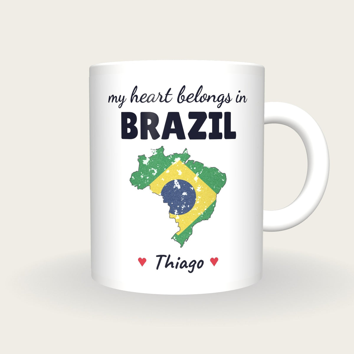 Personalised Brazil Map Mug, My Heart Belongs In Brazil, front