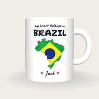 Personalised Brazil Map Mug, My Heart Belongs In Brazil, front