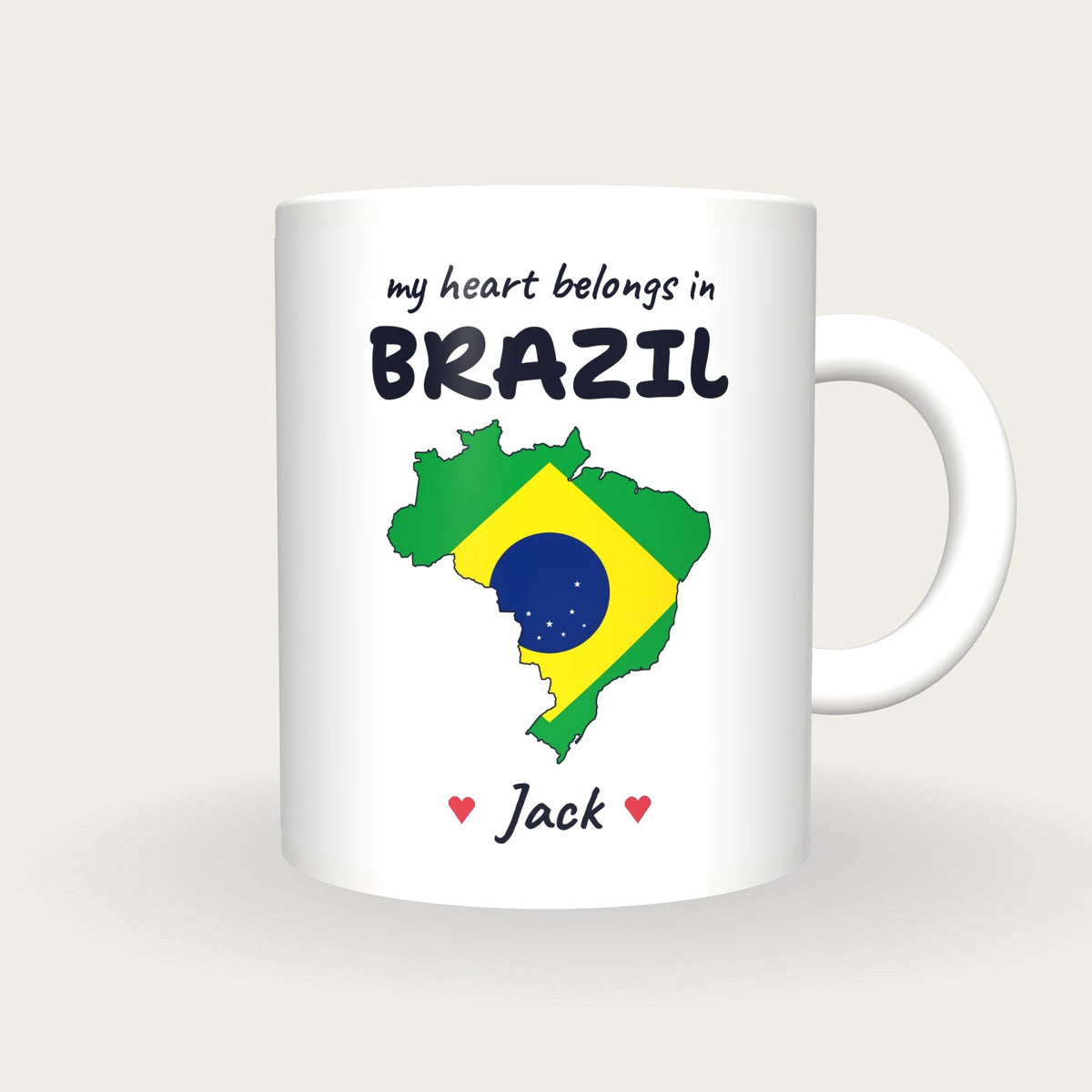 Personalised Brazil Map Mug, My Heart Belongs In Brazil, front