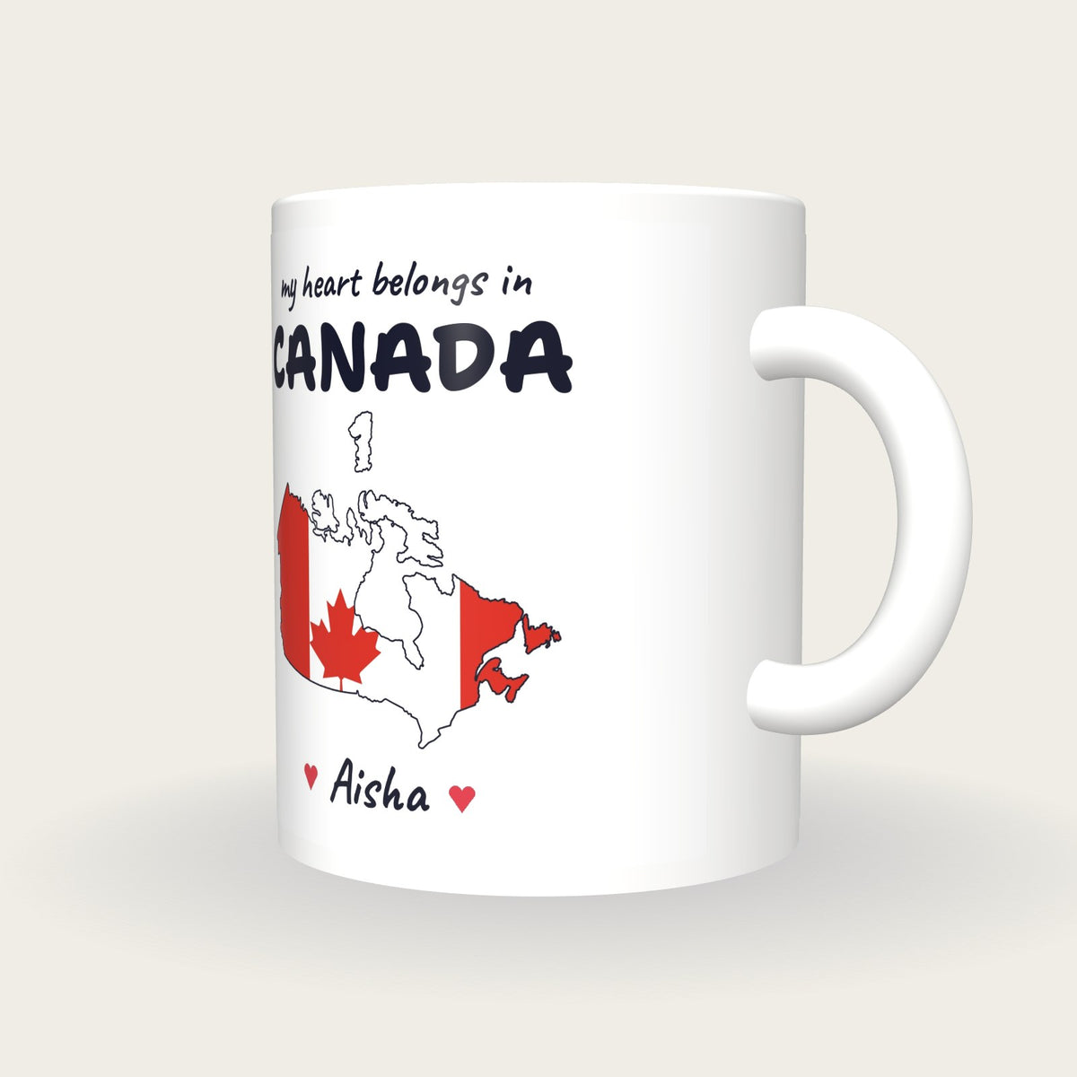 Personalised Canada Map Mug, My Heart Belongs In Canada, three-quarter view