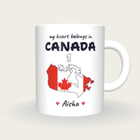 Personalised Canada Map Mug, My Heart Belongs In Canada, front