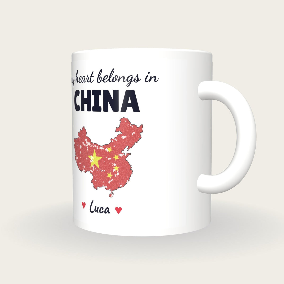Personalised China Map Mug, My Heart Belongs In China, three-quarter view