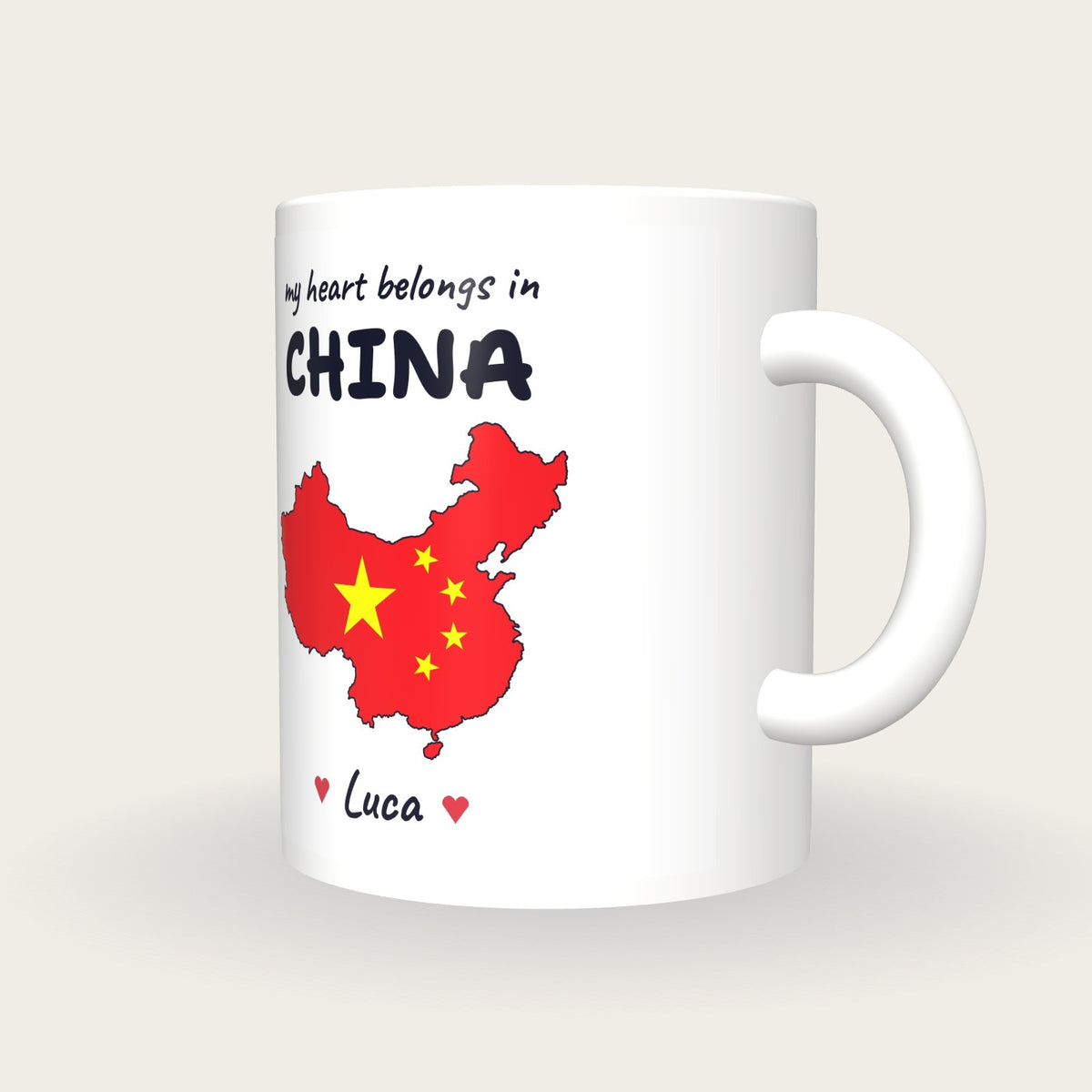 Personalised China Map Mug, My Heart Belongs In China, three-quarter view