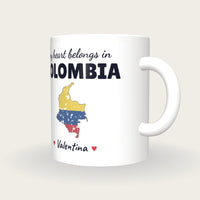 Personalised Colombia Map Mug, My Heart Belongs In Colombia, three-quarter view