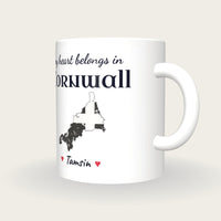 Personalised Cornwall Map Mug, My Heart Belongs In Cornwall, three-quarter view