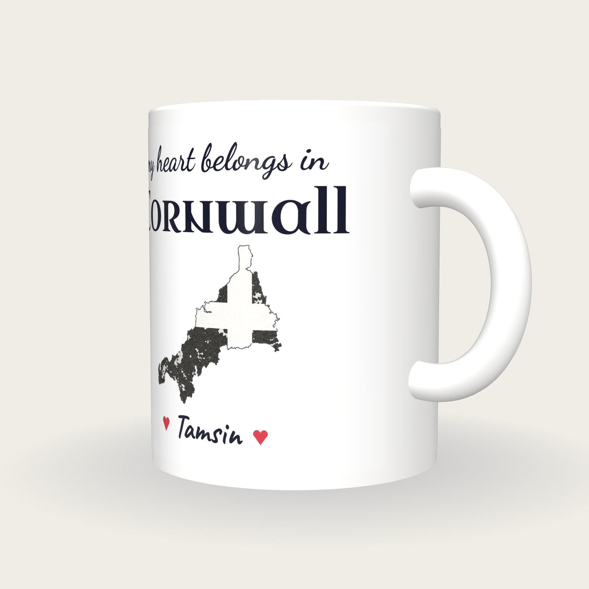 Personalised Cornwall Map Mug, My Heart Belongs In Cornwall, three-quarter view