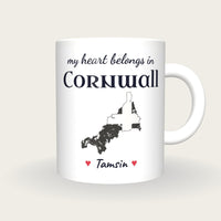 Personalised Cornwall Map Mug, My Heart Belongs In Cornwall, front
