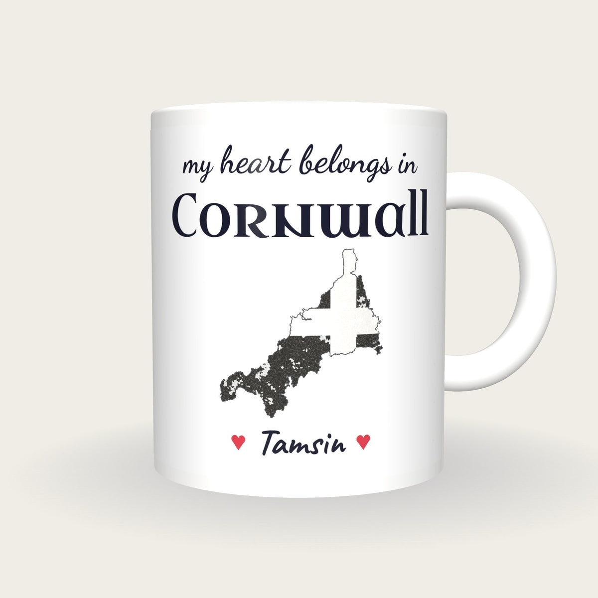 Personalised Cornwall Map Mug, My Heart Belongs In Cornwall, front