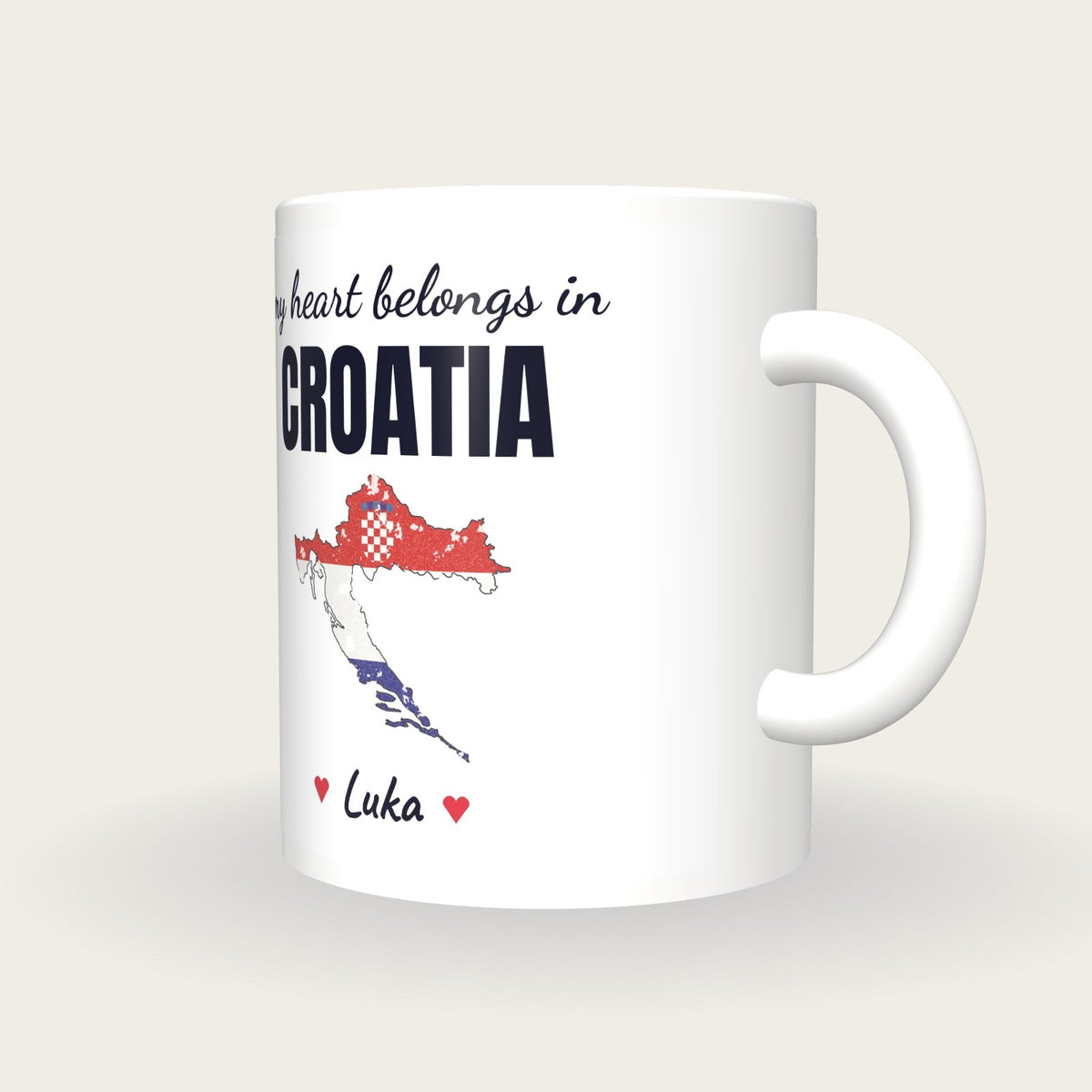 Personalised Croatia Map Mug, My Heart Belongs In Croatia, three-quarter view