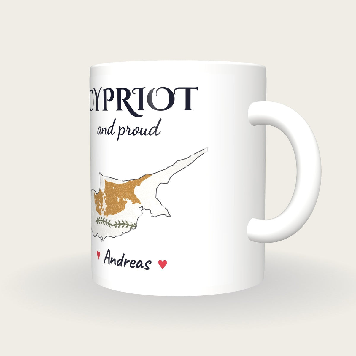 Personalised Cyprus Map Mug, Cypriot And Proud, three-quarter view