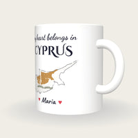Personalised Cyprus Map Mug, My Heart Belongs In Cyprus, three-quarter view