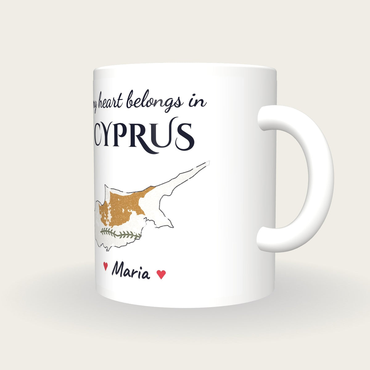 Personalised Cyprus Map Mug, My Heart Belongs In Cyprus, three-quarter view