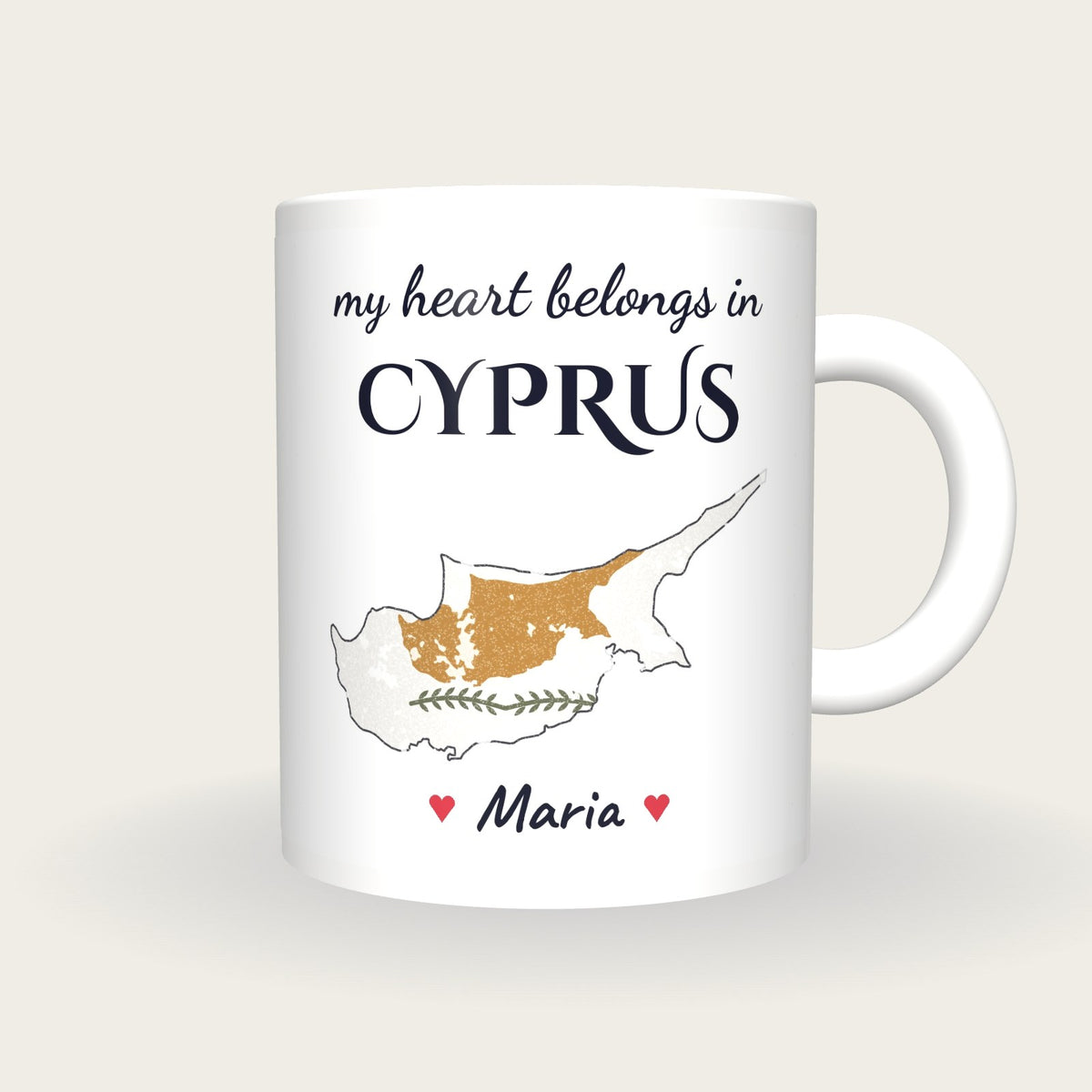 Personalised Cyprus Map Mug, My Heart Belongs In Cyprus, front