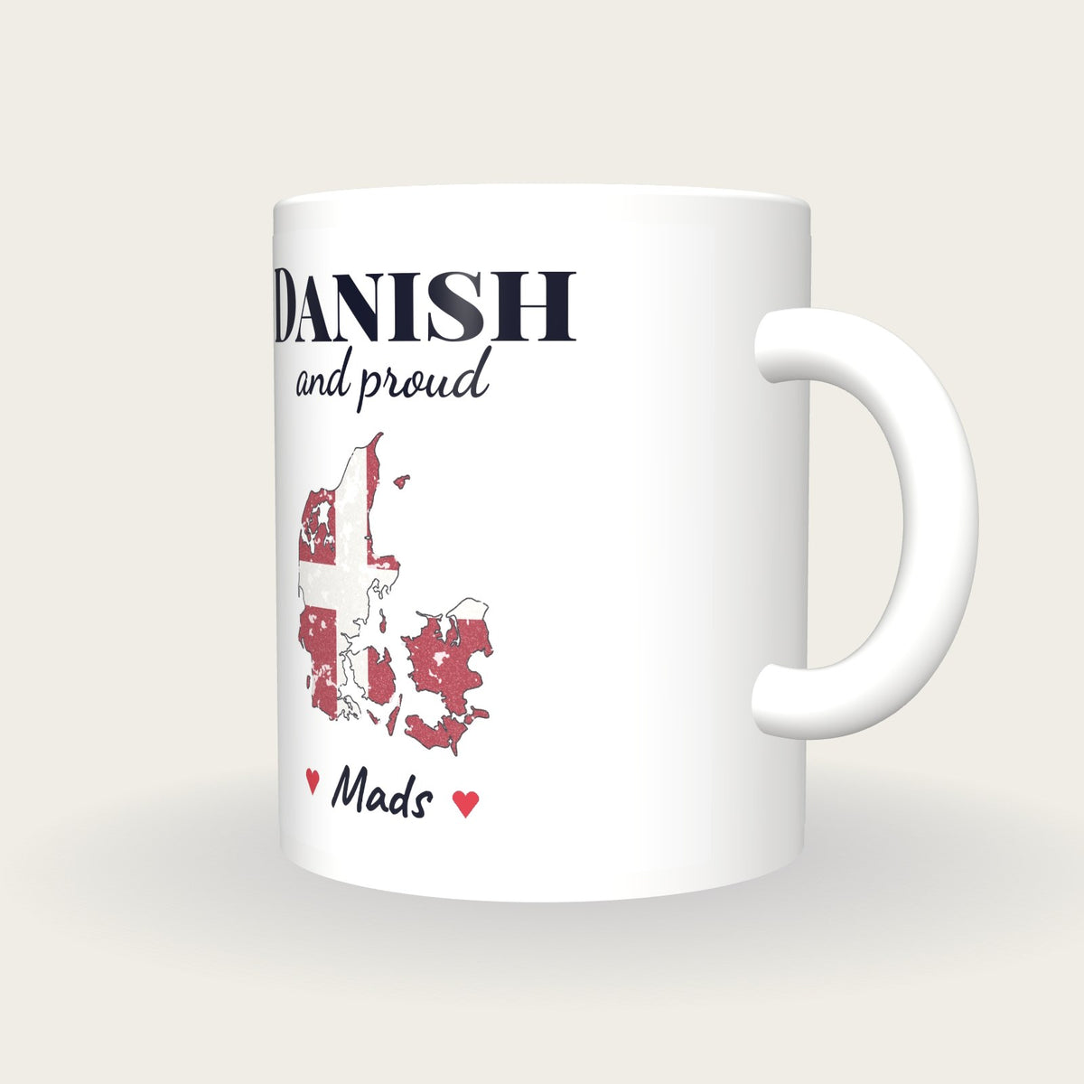 Personalised Denmark Map Mug, Danish And Proud, three-quarter view