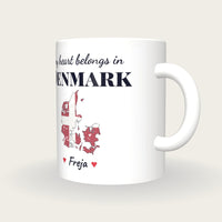 Personalised Denmark Map Mug, My Heart Belongs In Denmark, three-quarter view