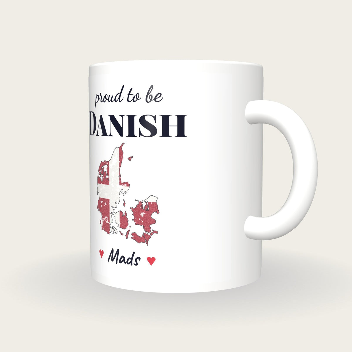 Personalised Denmark Map Mug, Proud To Be Danish, three-quarter view