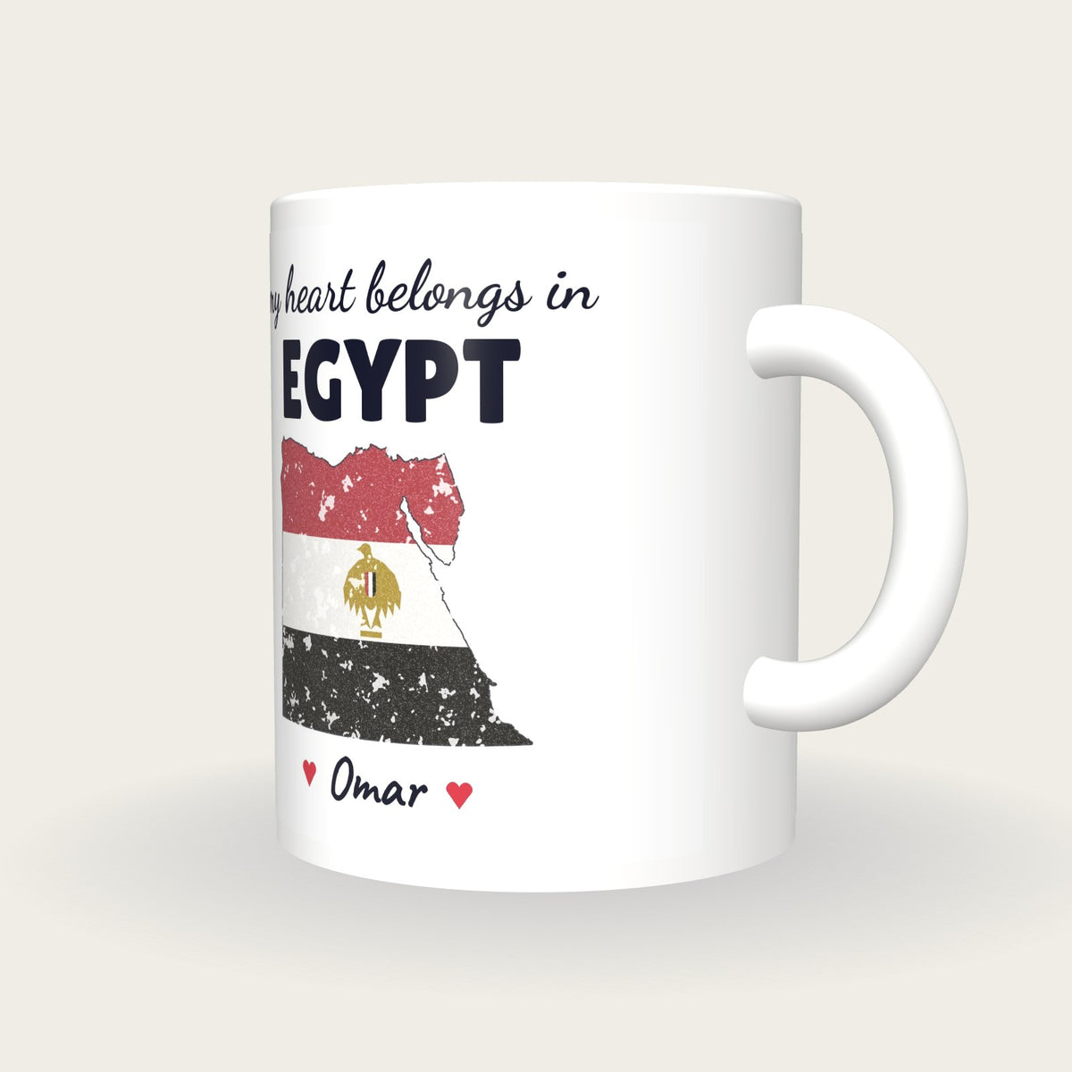 Personalised Egypt Map Mug, My Heart Belongs In Egypt, three-quarter view