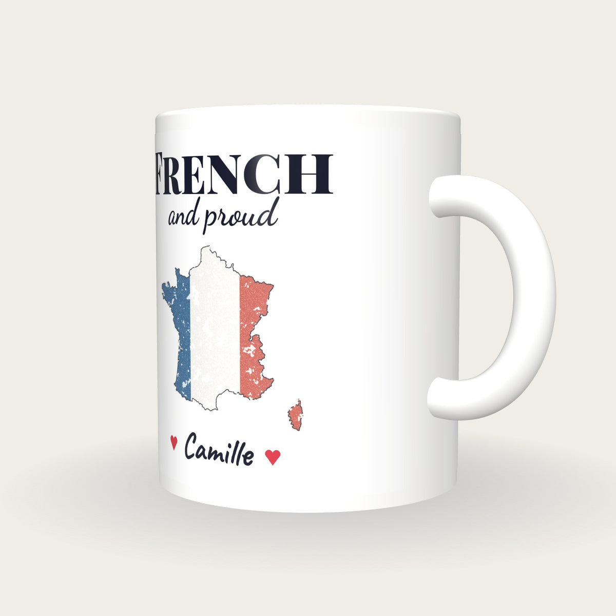 Personalised France Map Mug, French And Proud, three-quarter view