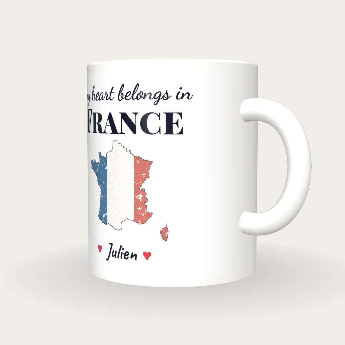 Personalised France Map Mug, My Heart Belongs In France, three-quarter view