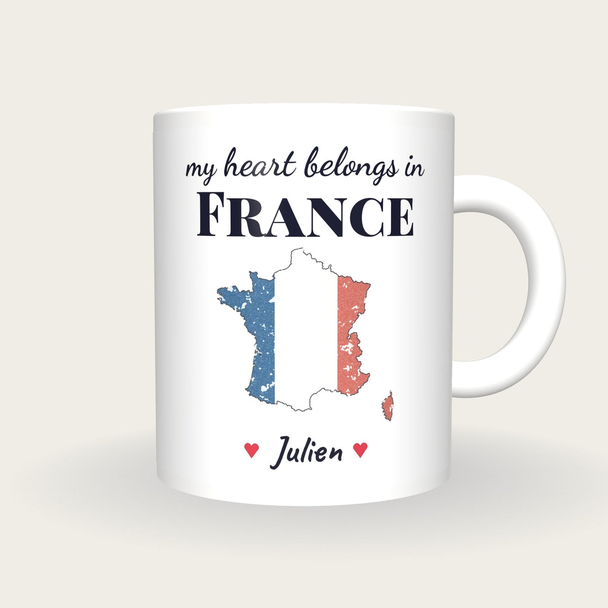 Personalised France Map Mug, My Heart Belongs In France, front