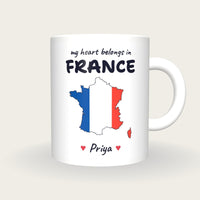Personalised France Map Mug, My Heart Belongs In France, front