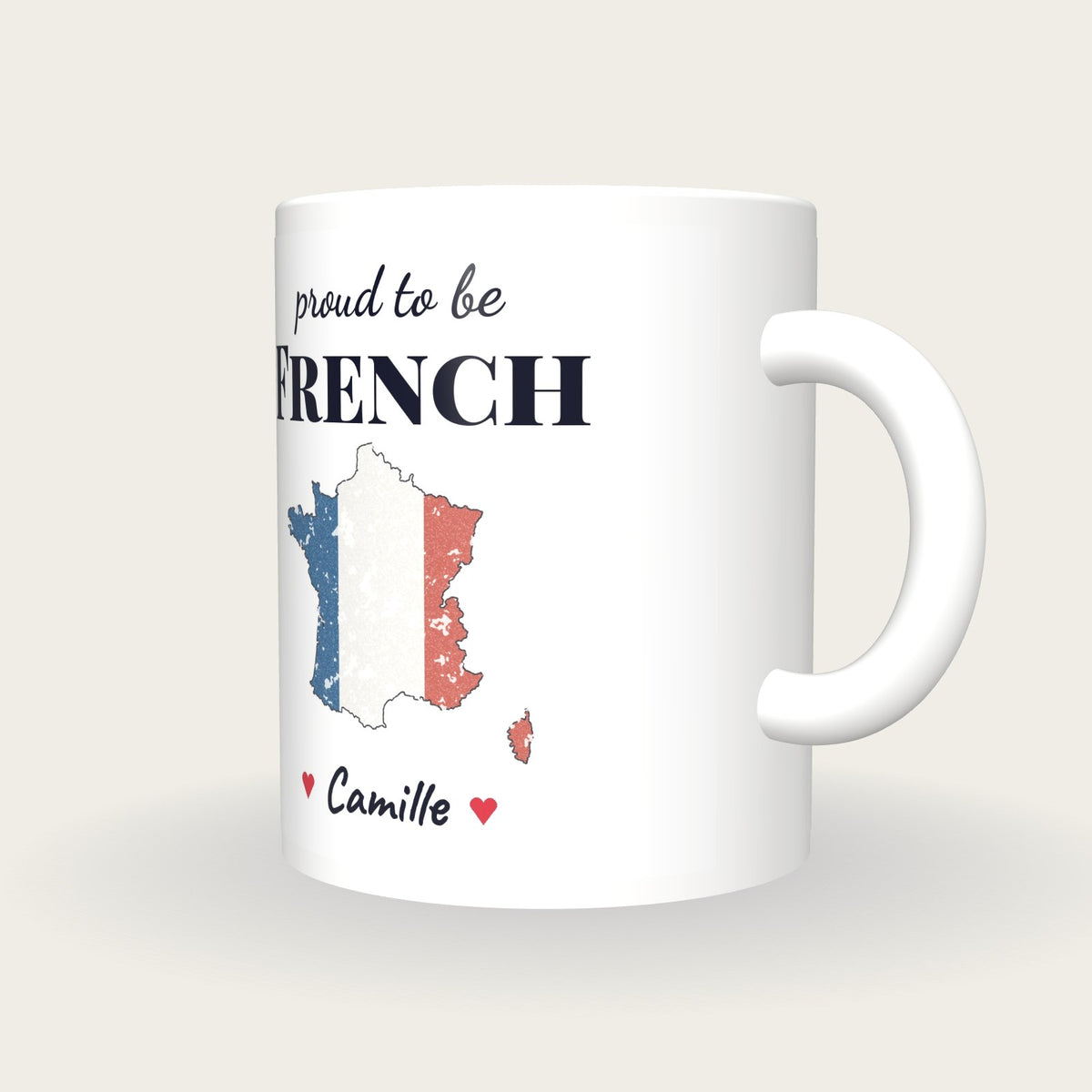 Personalised France Map Mug, Proud To Be French, three-quarter view