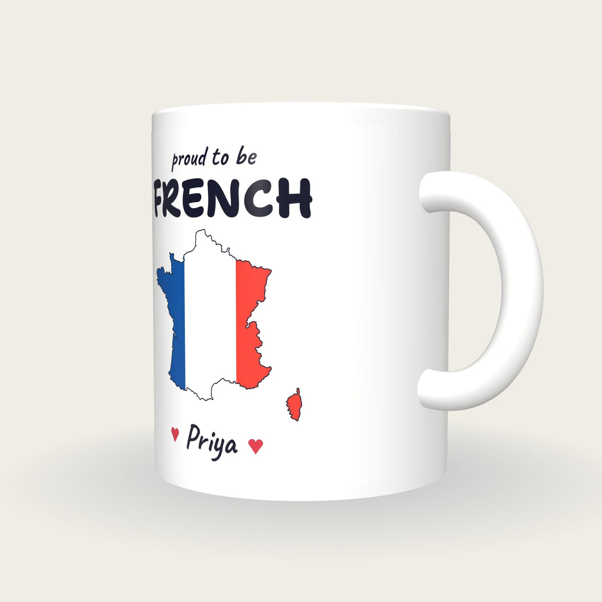 Personalised France Map Mug, Proud To Be French, three-quarter view