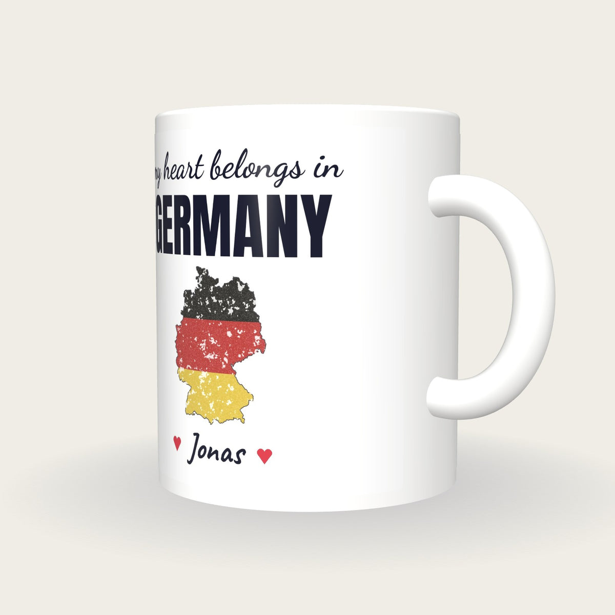Personalised Germany Map Mug, My Heart Belongs In Germany, three-quarter view