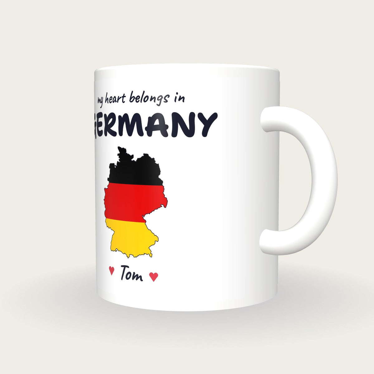 Personalised Germany Map Mug, My Heart Belongs In Germany, three-quarter view
