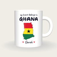 Personalised Ghana Map Mug, My Heart Belongs In Ghana, front