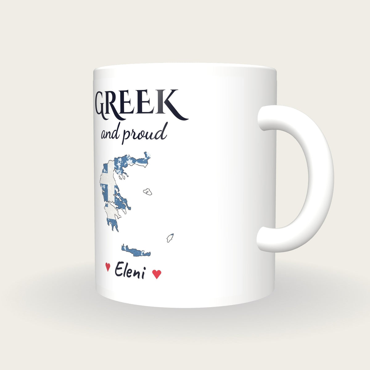Personalised Greece Map Mug, Greek And Proud, three-quarter view