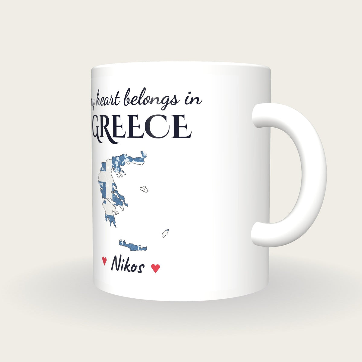 Personalised Greece Map Mug, My Heart Belongs In Greece, three-quarter view