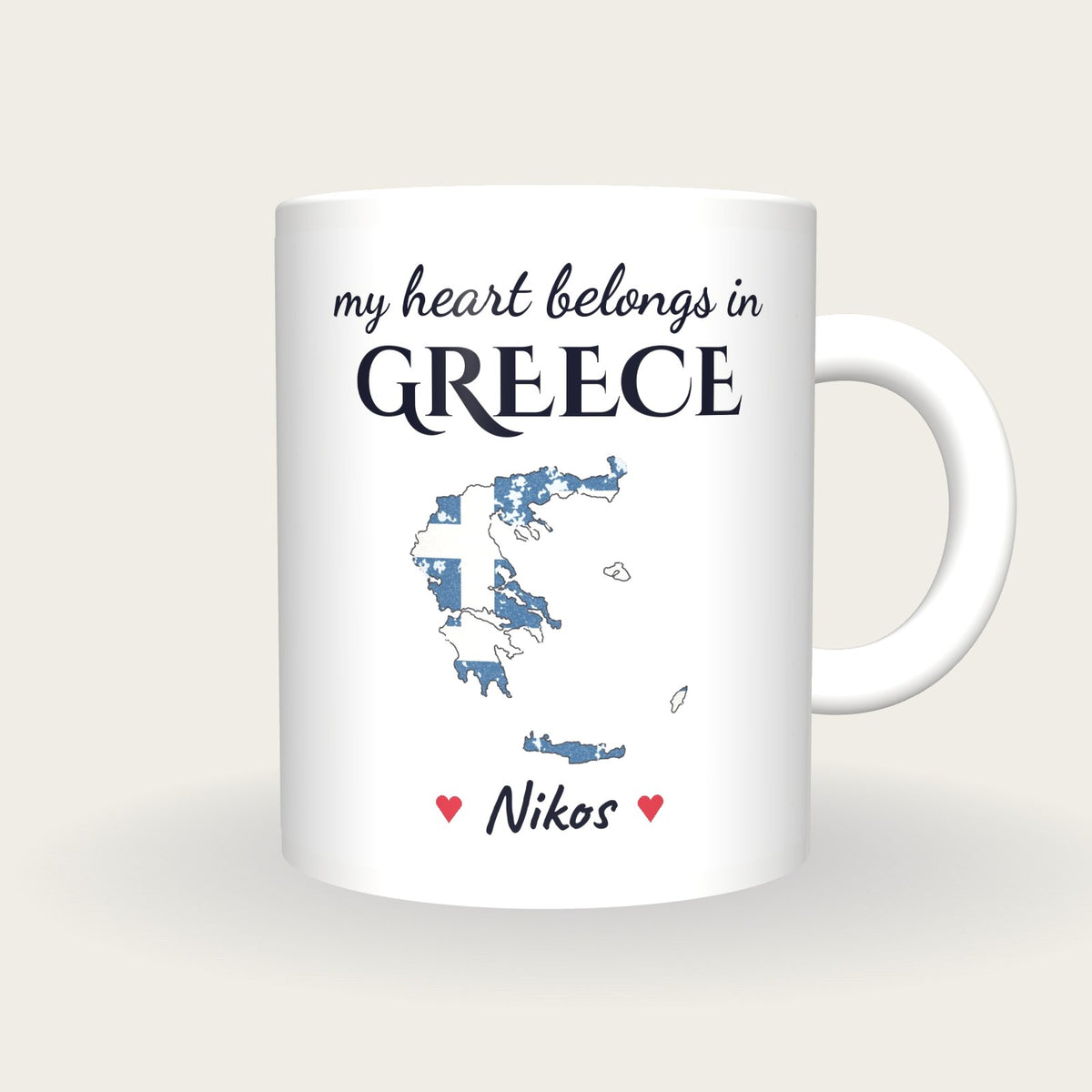 Personalised Greece Map Mug, My Heart Belongs In Greece, front