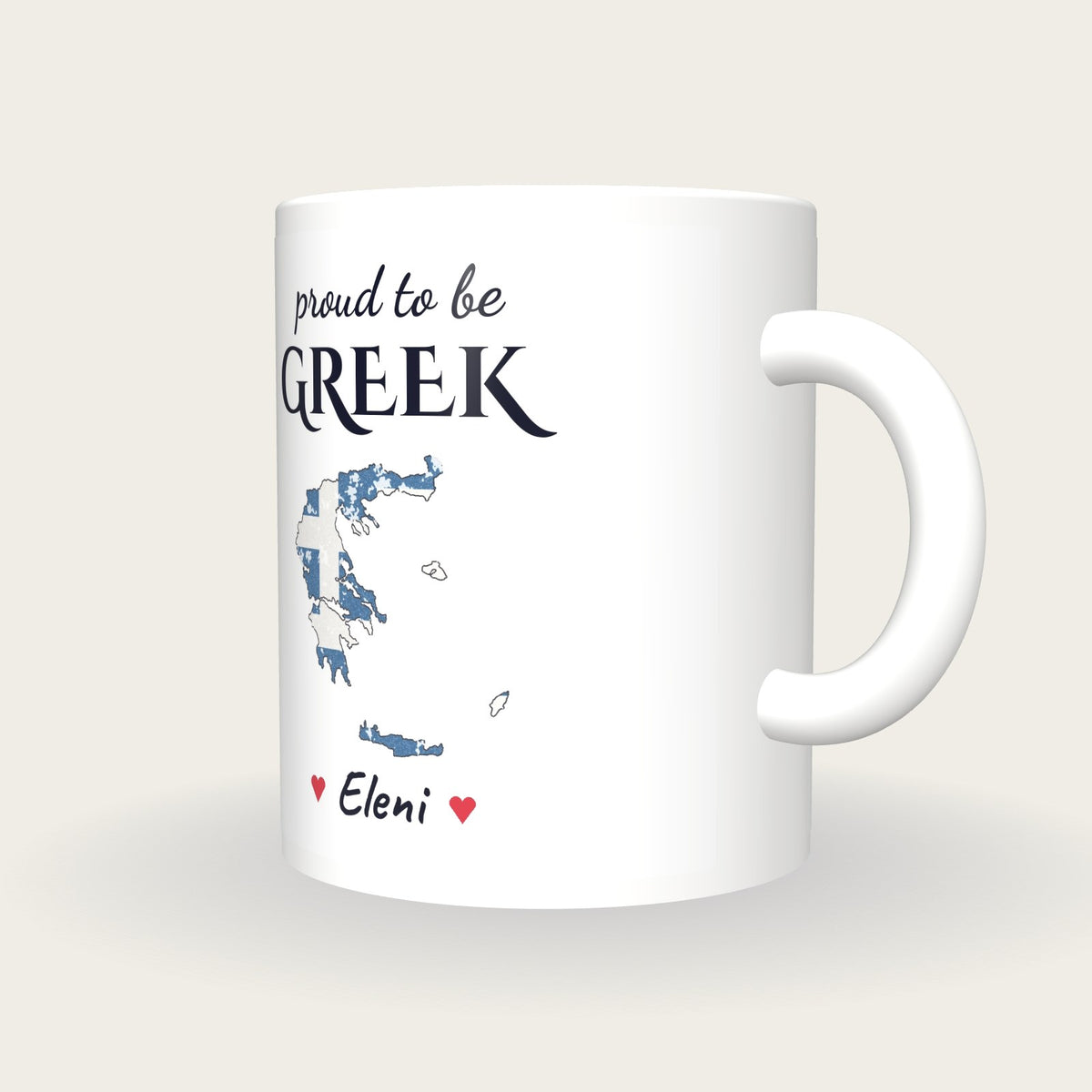 Personalised Greece Map Mug, Proud To Be Greek, three-quarter view